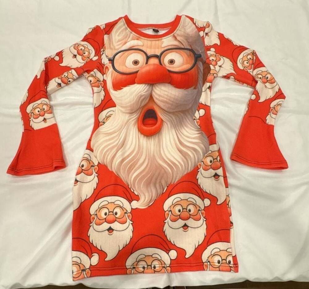 Santa Claus Graphic Print Long Sleeve Bell Sleeve Christmas Dress, Size XXL